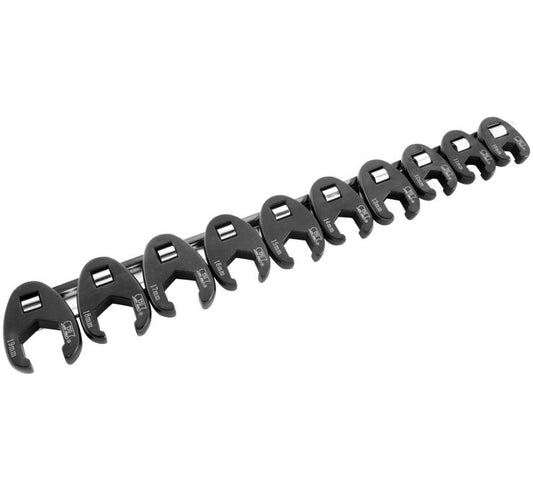 10-Piece 3/8" Drive Metric Flare Crow Foot Wrench Set On Rail